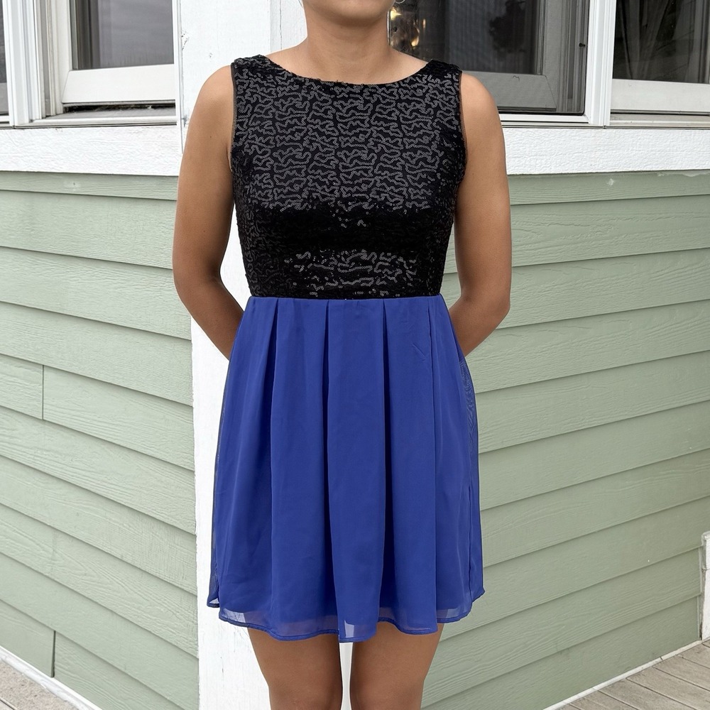 NEW! B. Darlin Blue Tulle Black Sequins Homecoming Dance Dress Women Sz XS